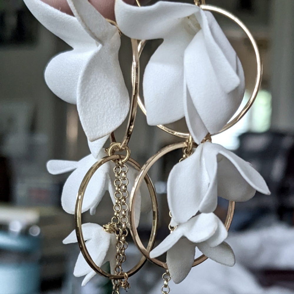 Custom Hanging White Floral Gold Earrings